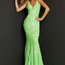 In Stock Jovani 3263 Size 12 Green Multi Long Fitted Mermaid Sequin Prom Dress Pageant Gown V Back