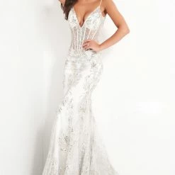 Jovani 3675 Prom Dress Sheer Corset Shimmer Mermaid Pageant Gown