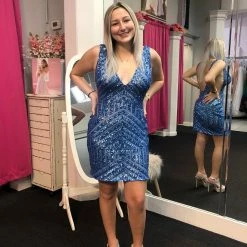 In Stock Backless Dresses Jovani 63899 Size 12 Royal Cocktail Dress Short Fitted Plunging Neckline Sheer Panels