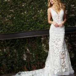 Sequin Dresses Jovani Bridal JB04192 White Wedding Dress Sequin Floral Sheer Lace V Neck Fitted Bridal Gown