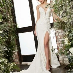 Jovani Bridal JB05846 Ivory Wedding Dress Plunging Neckline High Slit 3D Floral Backless Backless Dresses