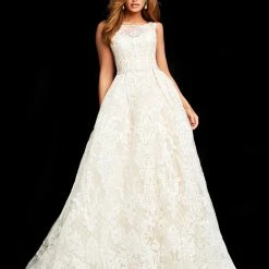 Ballgown Dresses Jovani Bridal F00988 Ivory Lace Sleeveless Wedding Ballgown Bateau Neckline