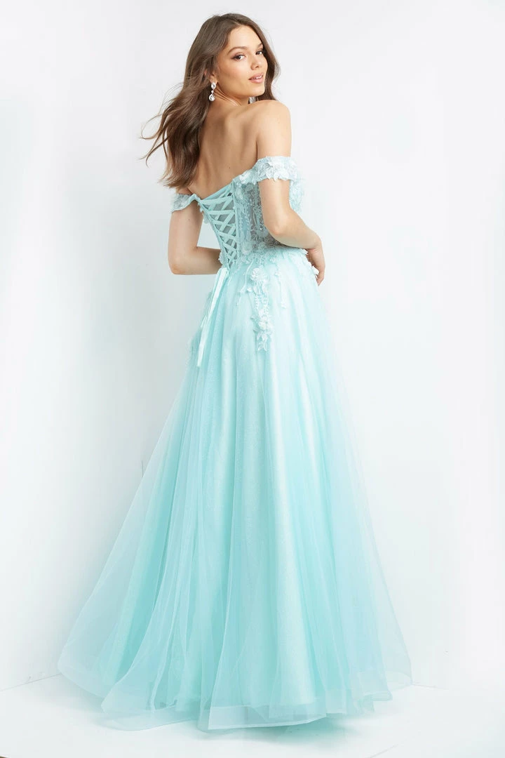 In Stock Jovani JVN08295 Size 6, 8 Aqua Prom Dress Off The Shoulder Lace Sheer Corset A Line Ball Gown Ballgown Dresses 8 In Stock Jovani JVN08295 Size 6, 8 Aqua Prom Dress Off The Shoulder Lace Sheer Corset A Line Ball Gown Ballgown Dresses