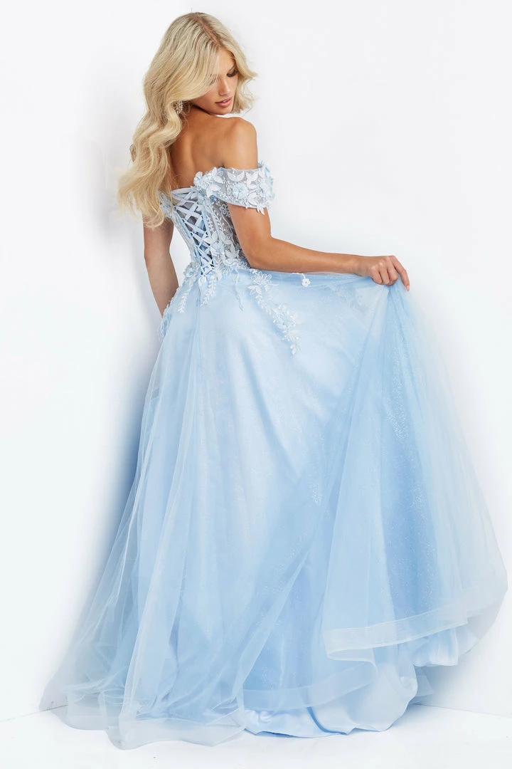 JVN By Jovani Corset Dresses Jovani JVN08295 Prom Dress Off The Shoulder 3D Lace Corset A Line Flowy Glitter Tulle 6 JVN By Jovani Corset Dresses Jovani JVN08295 Prom Dress Off The Shoulder 3D Lace Corset A Line Flowy Glitter Tulle