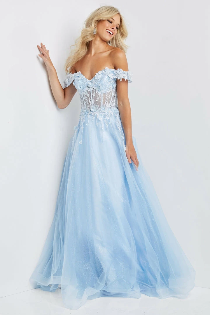 JVN By Jovani Corset Dresses Jovani JVN08295 Prom Dress Off The Shoulder 3D Lace Corset A Line Flowy Glitter Tulle 5 JVN By Jovani Corset Dresses Jovani JVN08295 Prom Dress Off The Shoulder 3D Lace Corset A Line Flowy Glitter Tulle