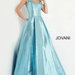 In Stock Ballgown Dresses Jovani JVN03479 Blue Metallic Prom Dress Ballgown Spaghetti Straps With Bows Size 6