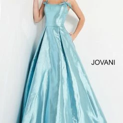 In Stock Ballgown Dresses Jovani JVN03479 Blue Metallic Prom Dress Ballgown Spaghetti Straps With Bows Size 6