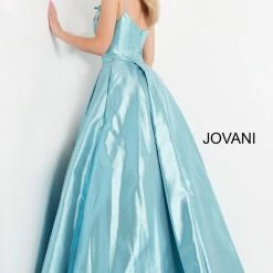 In Stock Ballgown Dresses Jovani JVN03479 Blue Metallic Prom Dress Ballgown Spaghetti Straps With Bows Size 6