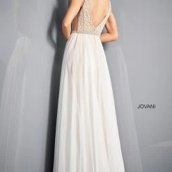 Jovani 03374 Nude Fitted Embellished Evening Dress V Neckline Chiffon Off White Overskirt 8 Jovani 03374 Nude Fitted Embellished Evening Dress V Neckline Chiffon Off White Overskirt