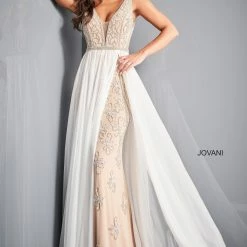 Jovani 03374 Nude Fitted Embellished Evening Dress V Neckline Chiffon Off White Overskirt