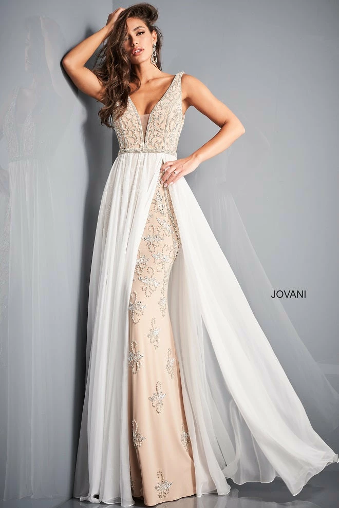 Jovani 03374 Nude Fitted Embellished Evening Dress V Neckline Chiffon Off White Overskirt 4 Jovani 03374 Nude Fitted Embellished Evening Dress V Neckline Chiffon Off White Overskirt
