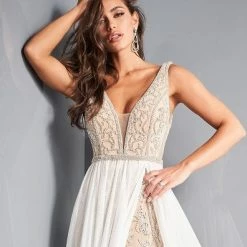 Jovani 03374 Nude Fitted Embellished Evening Dress V Neckline Chiffon Off White Overskirt 9 Jovani 03374 Nude Fitted Embellished Evening Dress V Neckline Chiffon Off White Overskirt