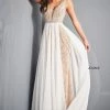 Jovani 03374 Nude Fitted Embellished Evening Dress V Neckline Chiffon Off White Overskirt