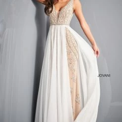 Jovani 03374 Nude Fitted Embellished Evening Dress V Neckline Chiffon Off White Overskirt