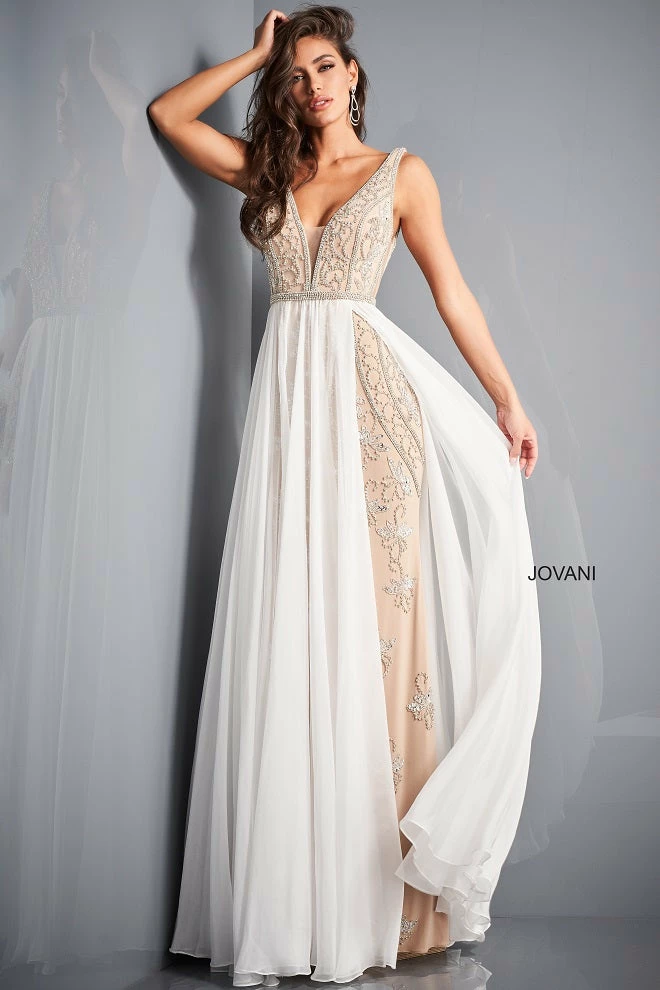 Jovani 03374 Nude Fitted Embellished Evening Dress V Neckline Chiffon Off White Overskirt 3 Jovani 03374 Nude Fitted Embellished Evening Dress V Neckline Chiffon Off White Overskirt