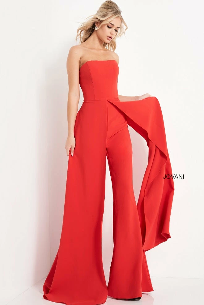Jumpsuits & Rompers Jovani 03529 Red Jumpsuit Wide Leg Side Overlays Strapless Straight Neckline 5 Jumpsuits & Rompers Jovani 03529 Red Jumpsuit Wide Leg Side Overlays Strapless Straight Neckline