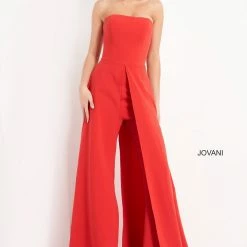 Jumpsuits & Rompers Jovani 03529 Red Jumpsuit Wide Leg Side Overlays Strapless Straight Neckline