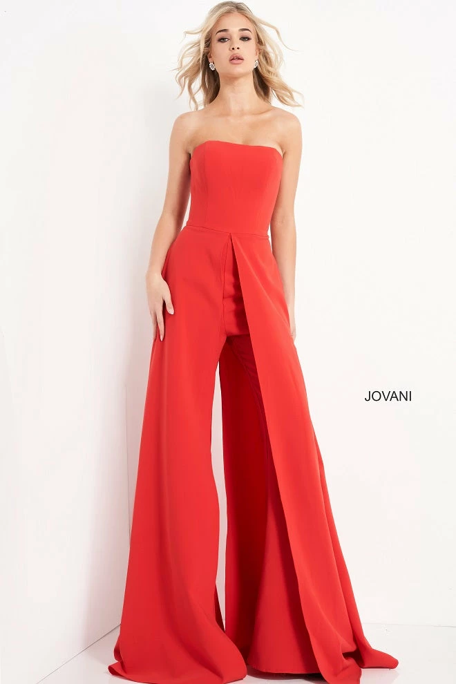 Jumpsuits & Rompers Jovani 03529 Red Jumpsuit Wide Leg Side Overlays Strapless Straight Neckline 4 Jumpsuits & Rompers Jovani 03529 Red Jumpsuit Wide Leg Side Overlays Strapless Straight Neckline