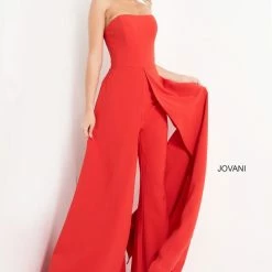 Jumpsuits & Rompers Jovani 03529 Red Jumpsuit Wide Leg Side Overlays Strapless Straight Neckline