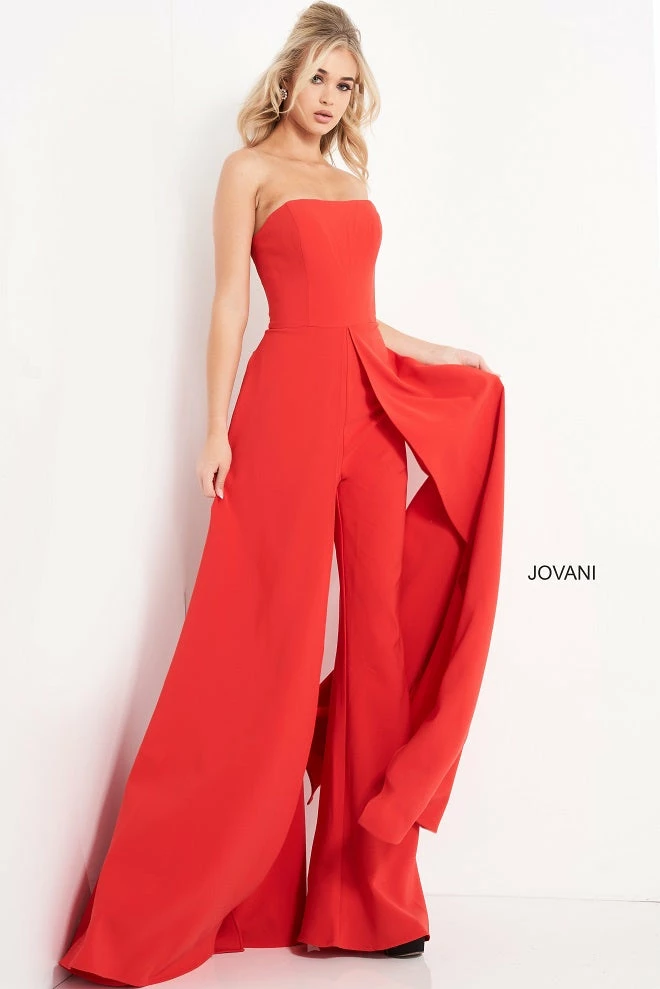 Jumpsuits & Rompers Jovani 03529 Red Jumpsuit Wide Leg Side Overlays Strapless Straight Neckline 3 Jumpsuits & Rompers Jovani 03529 Red Jumpsuit Wide Leg Side Overlays Strapless Straight Neckline