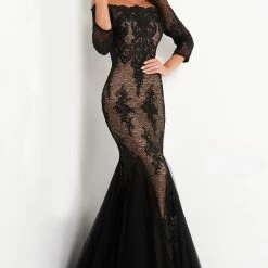Jovani 3376 Black Lace Mermaid Evening Dress Off The Shoulder