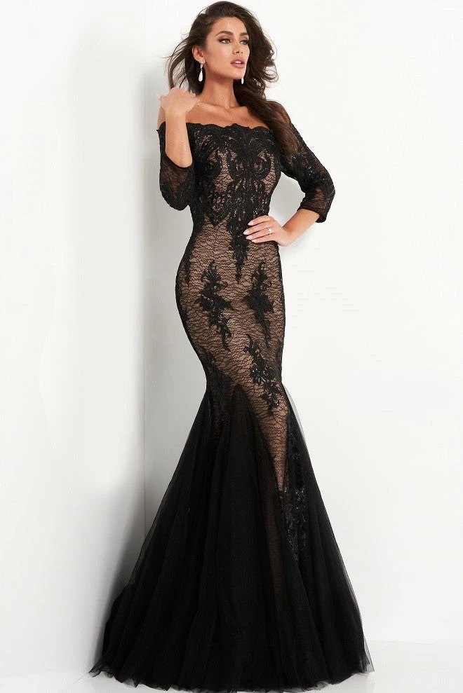 Jovani 3376 Black Lace Mermaid Evening Dress Off The Shoulder 4 Jovani 3376 Black Lace Mermaid Evening Dress Off The Shoulder