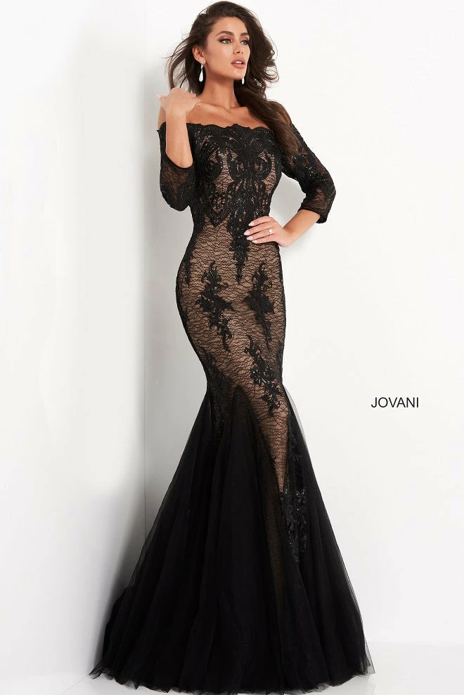 Jovani 3376 Black Lace Mermaid Evening Dress Off The Shoulder 3 Jovani 3376 Black Lace Mermaid Evening Dress Off The Shoulder