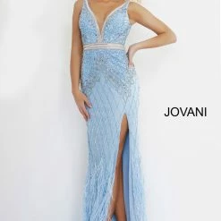 Jovani 55796 V Neckline Embellished Prom Dress With Feather Skirt