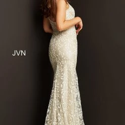 JVN By Jovani Jovani JVN06472 Champagne Embroidered Lace V Neckline Prom Dress Sweeping Train Backless Dresses