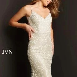 JVN By Jovani Jovani JVN06472 Champagne Embroidered Lace V Neckline Prom Dress Sweeping Train Backless Dresses