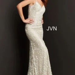 JVN By Jovani Jovani JVN06472 Champagne Embroidered Lace V Neckline Prom Dress Sweeping Train Backless Dresses