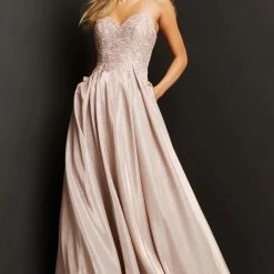 In Stock Ballgown Dresses Jovani JVN06731 Size 8 A Line Shimmer Floral Lace Prom Dress Pockets V Neck Gown