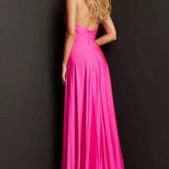 JVN By Jovani Jovani JVN08640 Long A Line Maxi Slit Prom Dress Halter V Neck Pockets Stretch