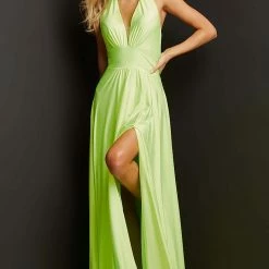 JVN By Jovani Jovani JVN08640 Long A Line Maxi Slit Prom Dress Halter V Neck Pockets Stretch