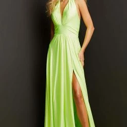 In Stock Jovani JVN08640 Size 10 Long A Line Maxi Slit Prom Dress Halter V Neck Pockets Stretch