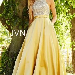 Discontinued Jovani JVN49432 Embellished Bodice A Line Prom Dress Pockets Ballgown High Neck