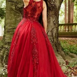 In Stock Ballgown Dresses Jovani JVN59046 Fuchsia Prom Dress Size 12 Sheer Tulle Lace High Neck Ballgown Formal Gown