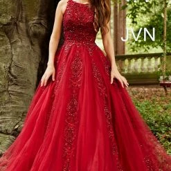 In Stock Ballgown Dresses Jovani JVN59046 Fuchsia Prom Dress Size 12 Sheer Tulle Lace High Neck Ballgown Formal Gown
