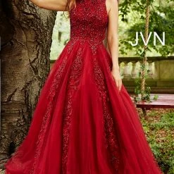 JVN By Jovani Jovani JVN59046 Sheer Tulle Lace High Neck Ballgown Prom Dress Formal Gown Ballgown Dresses
