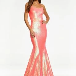 In Stock Mermaid Dresses Ashley Lauren 11024 Coral Size 4, 8 Sequin Prom Dress With Lace Up Back Pageant Gown