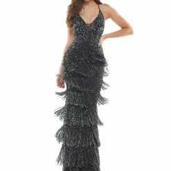 Backless Dresses Colors K114 Long Fringe Backless Formal Dress Prom Pageant Gown Sequin V Neck