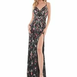 Colors Dress K117 Long Floral Beaded Formal Pageant Gown High Slit Prom Fitted