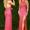 In Stock Zasa Chic 2225 Size 6 Coral Prom Dress Beaded Sequins Slit High Neckline