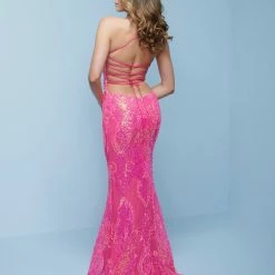 In Stock Corset Dresses Splash Prom 526 Size 8 Neon Pink Sequin Column Prom Dress With Low Open Lace Up Tie Back