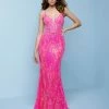 In Stock Corset Dresses Splash Prom 526 Size 8 Neon Pink Sequin Column Prom Dress With Low Open Lace Up Tie Back