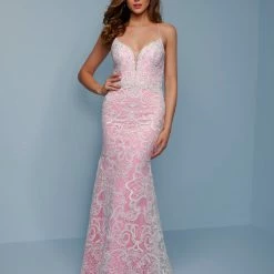 Corset Dresses Splash Prom K533 Lace Long Prom Dress With Plunging V Neckline Lace Up Tie Open Back