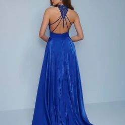 Splash Prom K541 High Neckline Satin Prom Dress With High Slit Tassels Evening Gown
