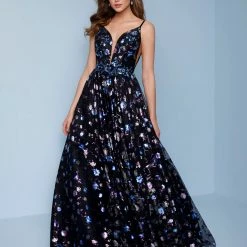 Long Prom Dresses Splash Prom K546 V Neckline Floral A Line Prom Dress Backless Evening Gown