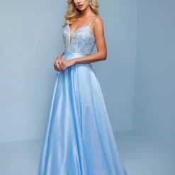 Long Prom Dresses Splash Prom K549 Embellished Satin A Line Long Prom Dress Evening Gown V Neckline