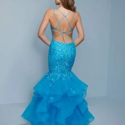 Splash Prom K551 V Neckline Lace Ruffle Tulle Mermaid Prom Dress Pageant Gown